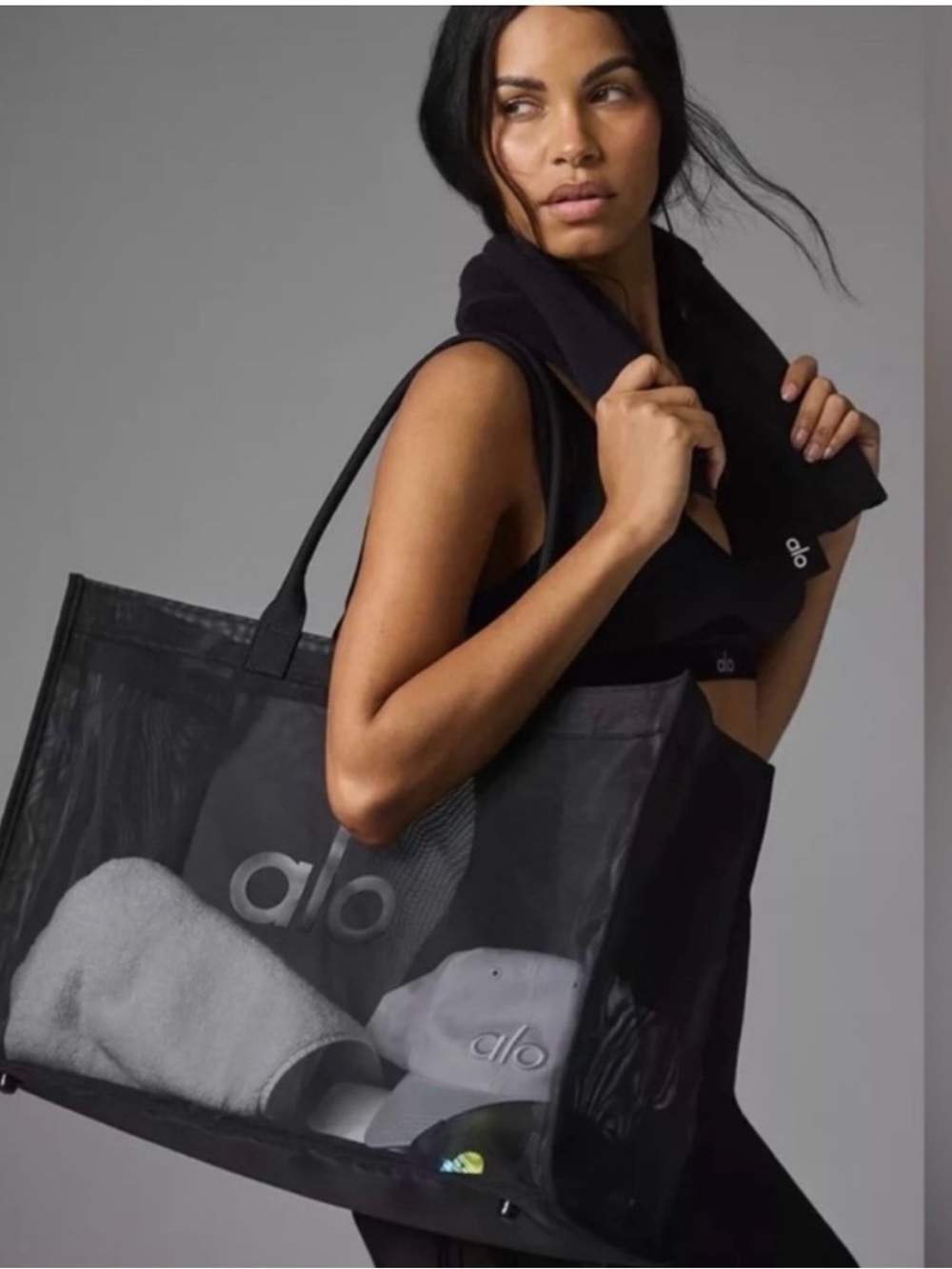 NWT ALO Yoga Black Mesh Tote with Logo